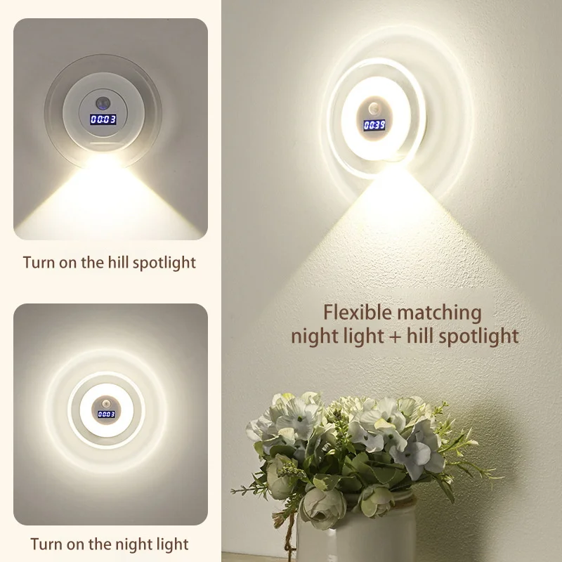 LED Motion Sensor Night Lights LED USB Rechargeable Lamp with Digital Clock for Bedroom Kitchen Stair Decoration Lighting