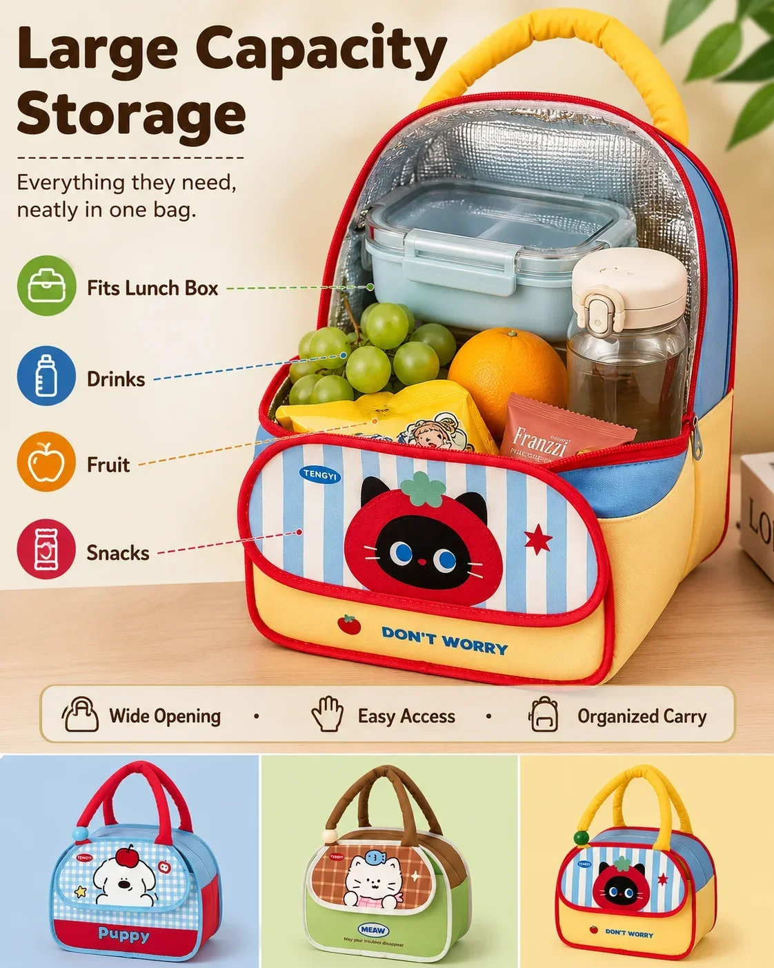 Cute Cartoon Insulated Lunch Tote, Handheld Foil Bento Bag for Students, Office Worker Lunch Carrier