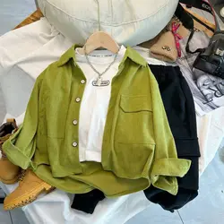 Boys' Shirt Fashion Children's Corduroy Long Sleeve Top Jacket 2024 Autumn New Girls' Retro Green Thin Coats 2-10Years Old