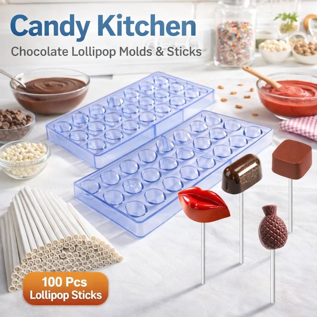 Chocolate Lollipop Mold Set with 100 Lollipop Sticks, Reusable DIY Homemade Candy Making Baking Tools for Beginners
