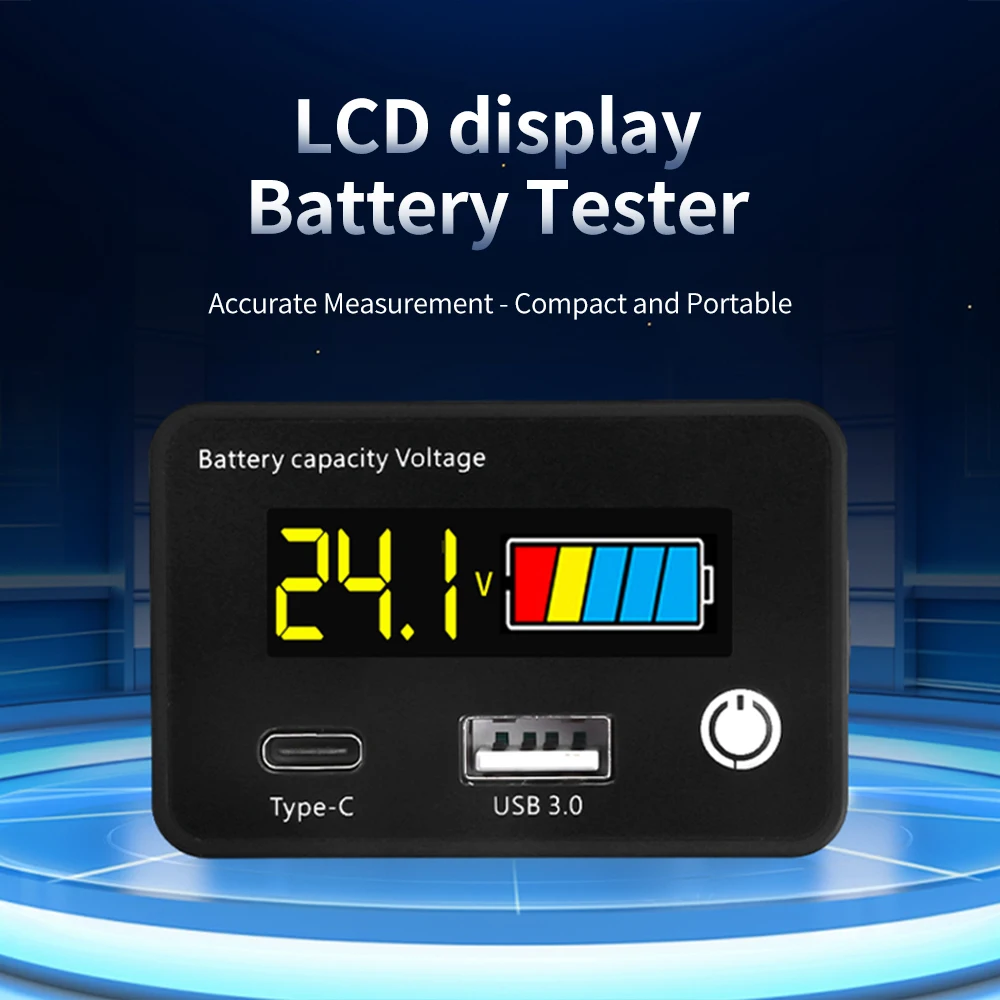 DC8-30V Battery Capacity Indicator Lead-Acid/Lron-Lithium/Ternary Lithium Measurement USB3.0 Type-C Output for Car Motorcycle