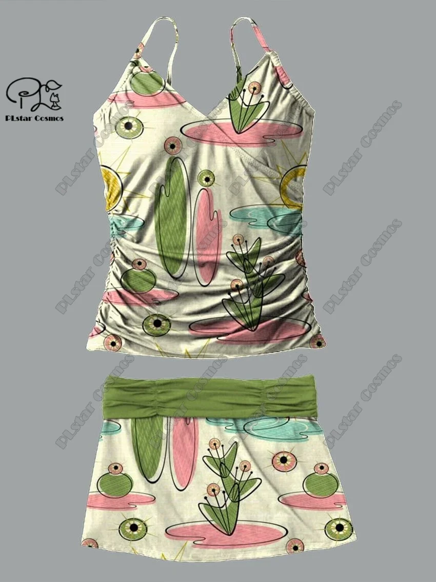 Scollo a v da donna estate retrò floreale stampa 3D bretella gonna stile due pezzi costume da bagno vestito vacanza viaggio nuovo costume da bagno f-10