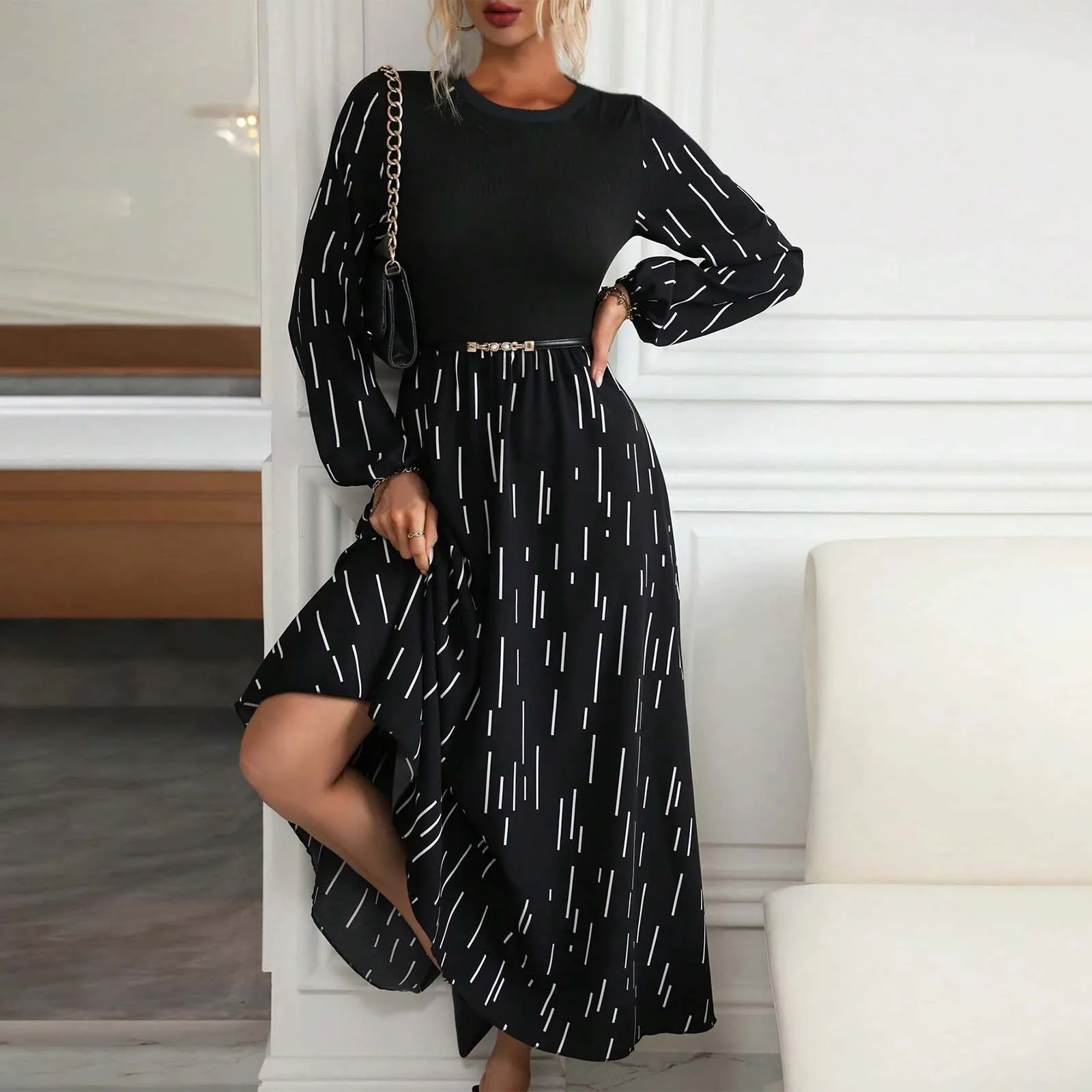 

French Style Women's Line Printed Dress Long Sleeve Round Neck Dress Spring Autumn Party Wear Versatile Ladies Elegant Dress