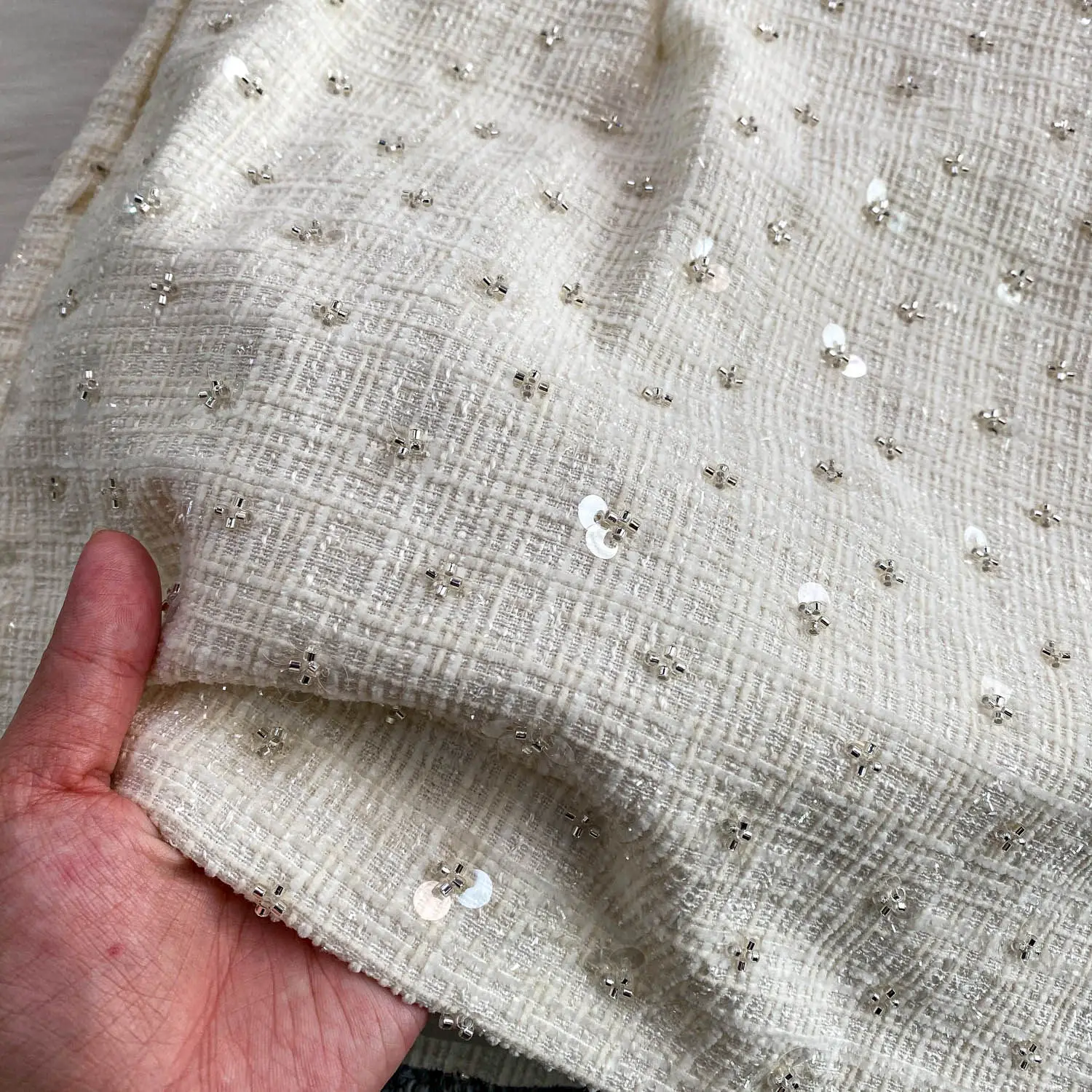 French Style Elegant Heavy Industry Beading Plush Long Sleeve Short Jacket High Waist Sequin Tweed Skirt Two-Piece Set for Women