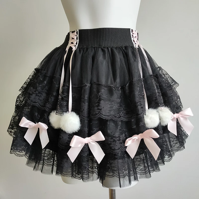 Cute Multilayered Lace Skirts for Sweet Girls Summer Bows Decoration Elastic Waist Lolita Style White Skirt Kawaii Clothes