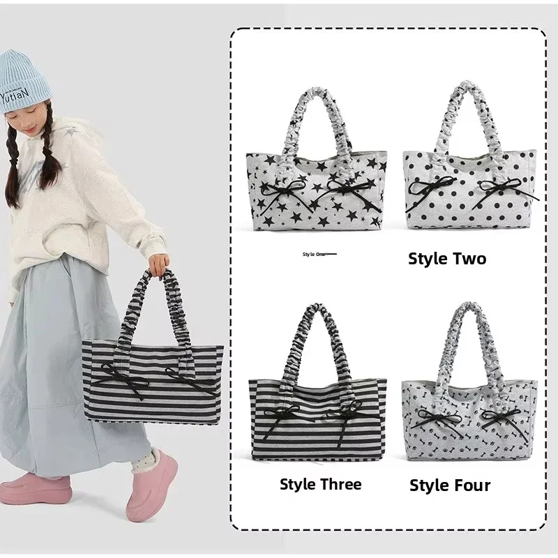 Schultertasche mit Polka-Dot-Schleife und Sternstreifen-Dekor, minimalistische, frische, lässige Nischen-Tragetasche, große Pendler-Handtasche für Damen – Detail 6