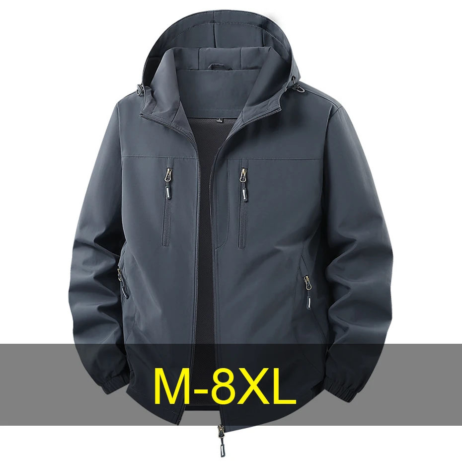 Black Waterproof Windbreaker Jacket Men Hooded Camp Jacket Coat Male Fashion Casual Outerwear Big Size 8XL