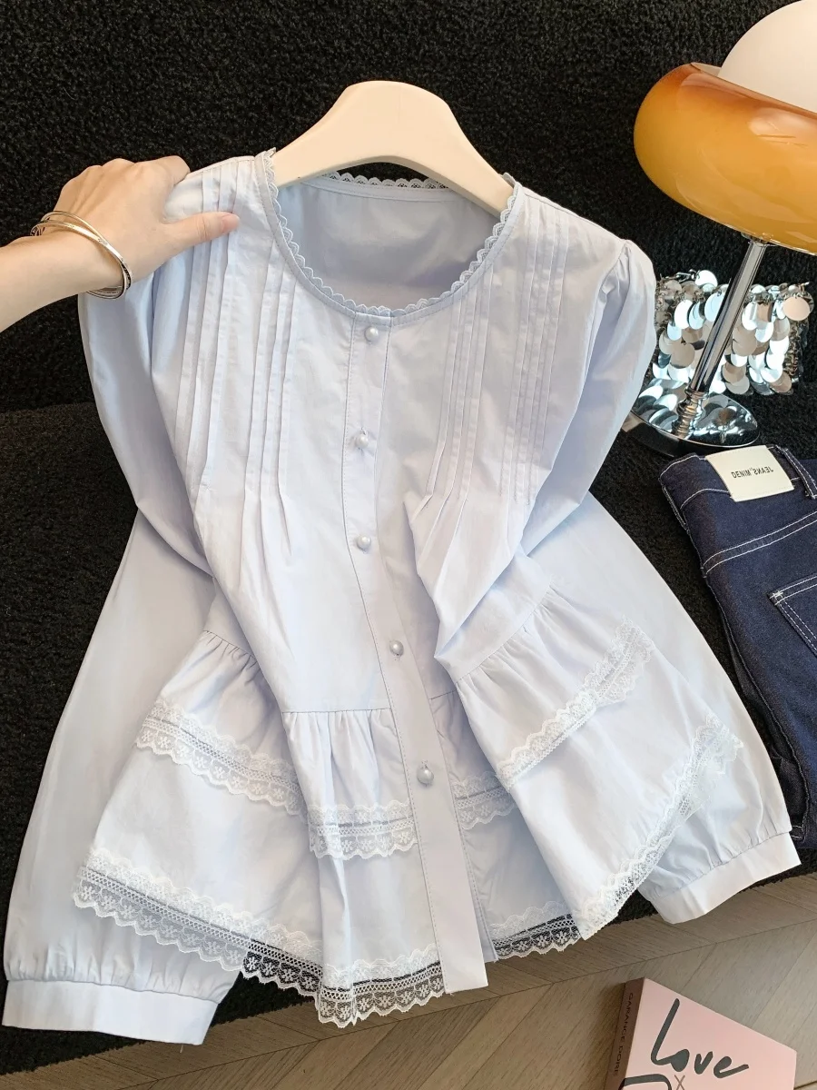 

Ele Blue Lace Trim irt Women's Sweet Sle Spring 2026 New High-End Age-Defng Beautiful Faionable Top