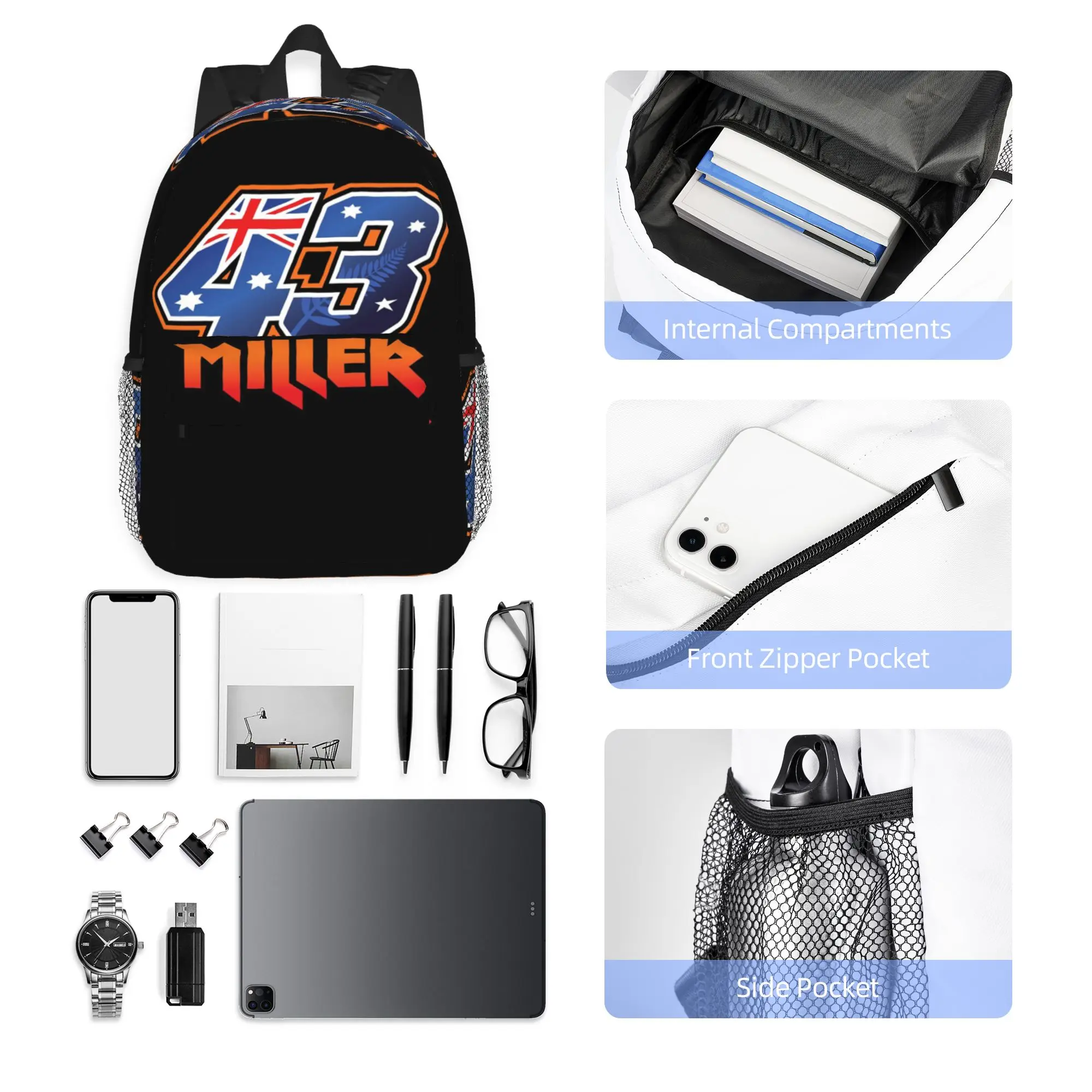 Jack Miller Number 43 Backpack Hot Sale Daypack Large Capacity Boys Girls BookBag Shoulder Bags for Men Women School Bag