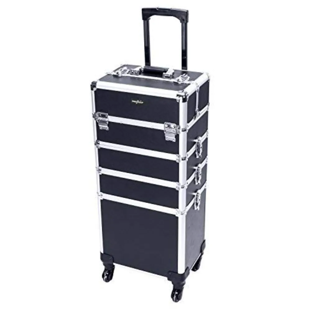 

4 in 1 Rolling Makeup Train Case, Aluminum Makeup Travel Organizer Cosmetic Case, Cosmetology Display Suitcase on Wheels