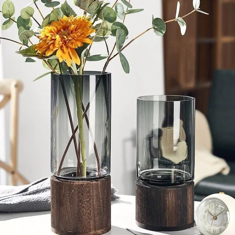 Nordic Light Luxury Glass Vase Wooden Bracket Base Creative Water Flowers Rose Dining Table Living Room Flower Decoration