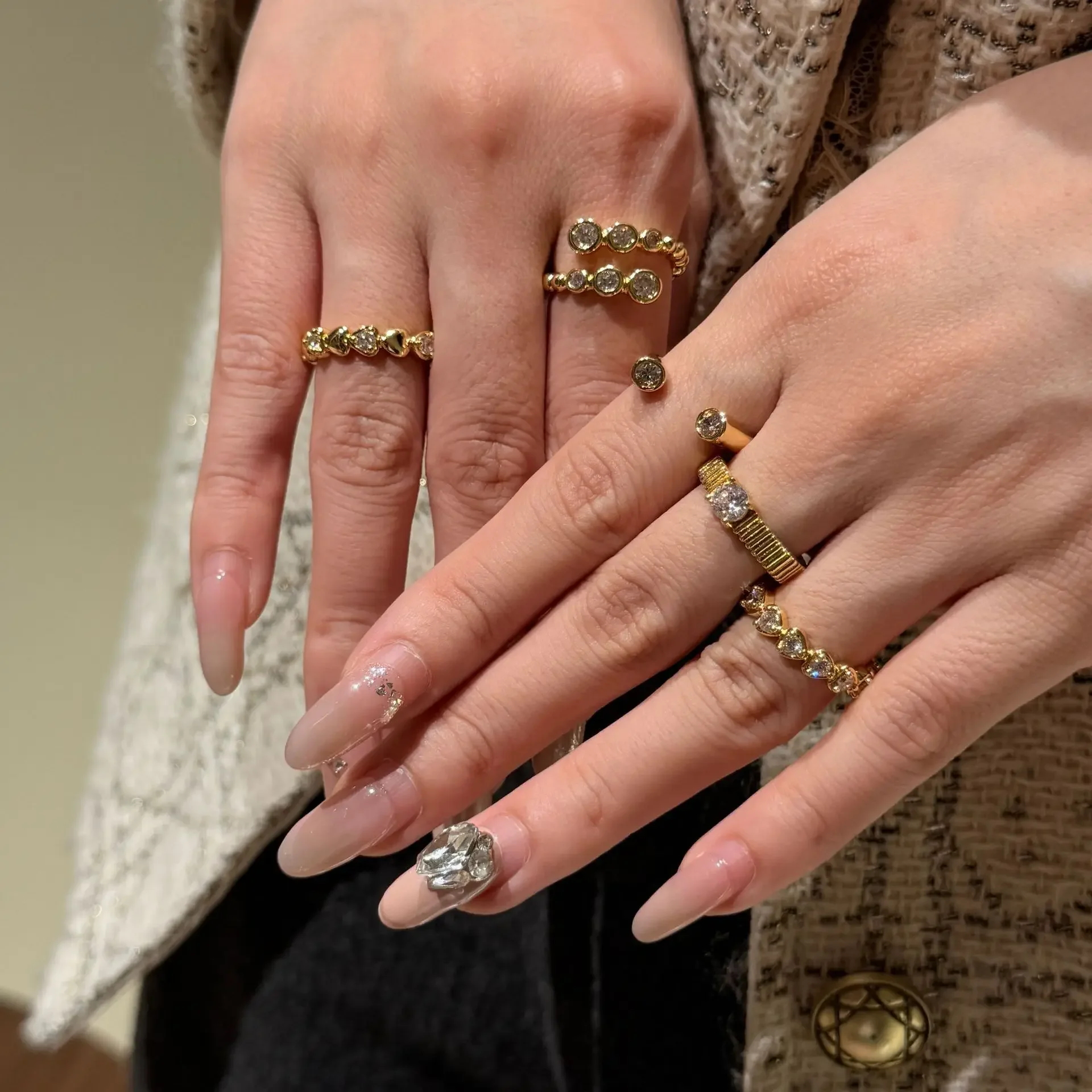 Trend Combination Series inlay Round Diamonds rings for women Classic Arrangement Single row Fashion Ring Adjustable Jewelry