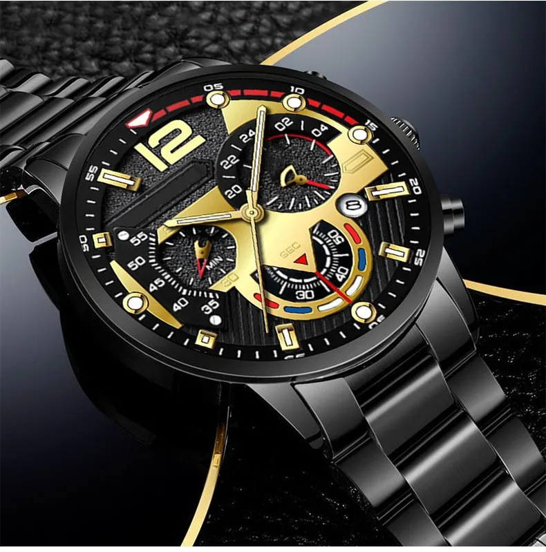 Fashion Men‘s Business Watches Casual Stainless Steel Quartz Wristwatch Men Gold Necklace Bracelet Wrist Watch montres hommes