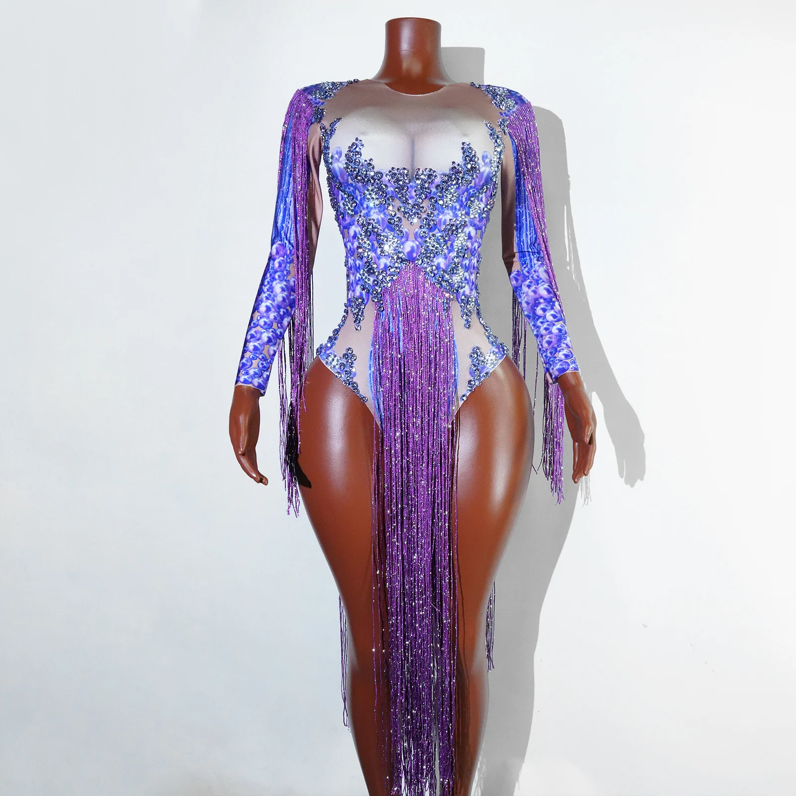 

Sparkli Purple Rhinestone Fringed Print Leotard Bodysuit Birthday Party Dance Costume Singer Drag Queen Performance Activi Outfi