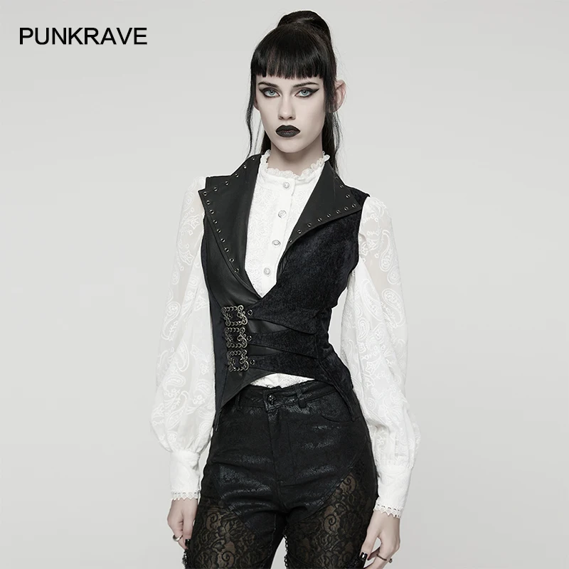 펑크 레이브 여성용 펑크 가죽 느낌 직조 & 벨벳 크랙 불규칙 밑단 조끼 메탈 아일렛 조절 가능한 드로스트링 클럽 조끼