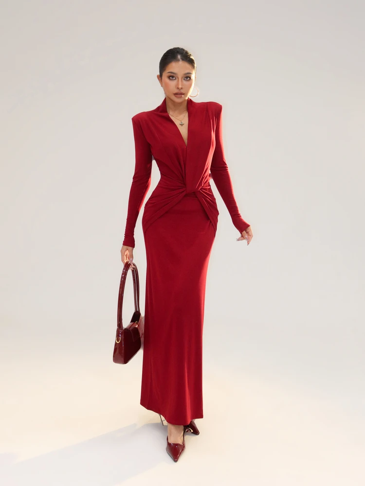 

Honey Home Long Sleeve Slim Fit Dress with Shoulder Pads Women's Fashion Casual Wear V-Neck Floor Length Dress