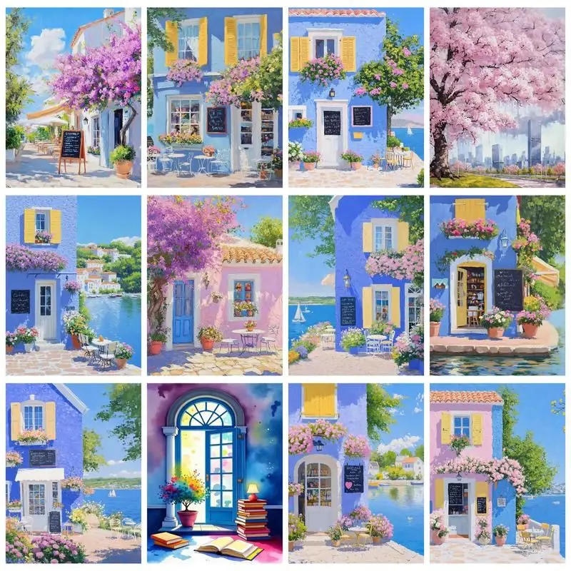 

CHENISTORY Painting By Numbers Blue House Lanscape DIY Frame Pictures By Number Paint On Canvas DIY Home Decoration 60x75cm