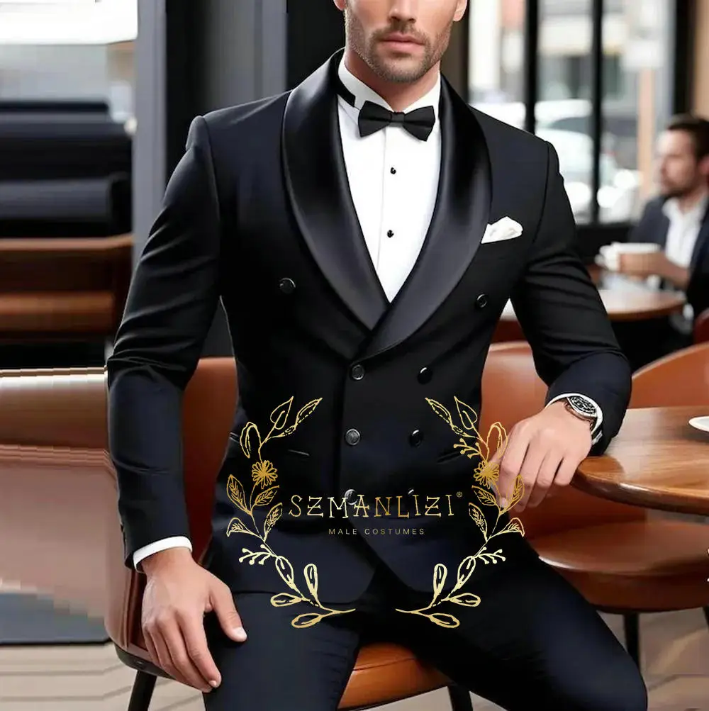 

Черные костюмы для мужчин, приталенные свадебные костюмы с 3 пуговицами и шалью с лацканами, двубортные смокинги для выпускного вечера, последние модели пальто и брюк