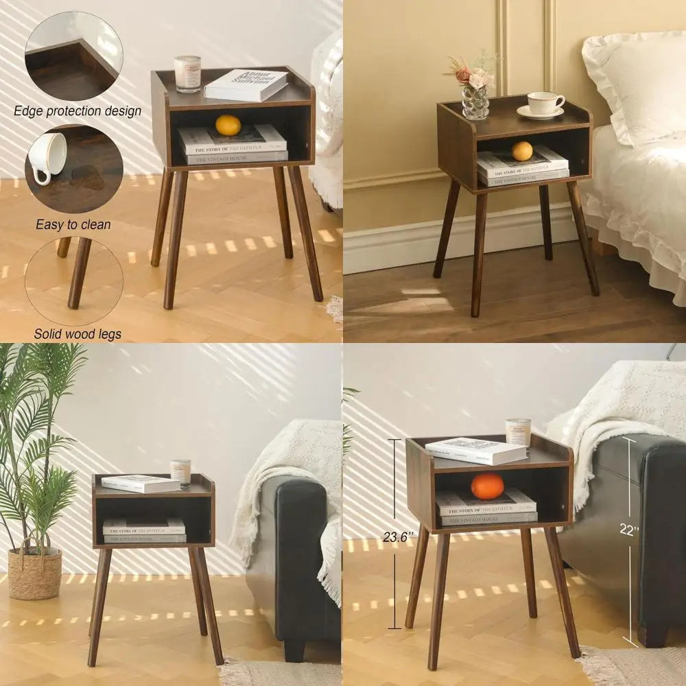 

Mid-Century Modern Nightstand with Storage, Solid Wood Small Side Table for Bedroom, Living Room, and Office Spaces (Rustic Brow