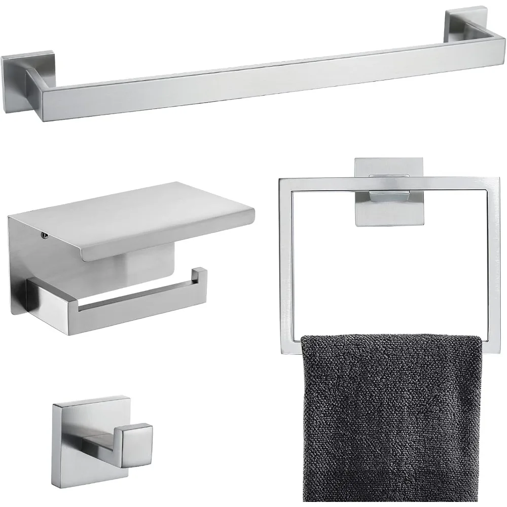 

Premium Stainless Steel 4-Piece Bathroom Hardware Set: Wall-Mounted Bath Towel Bar and Toilet Paper Holder