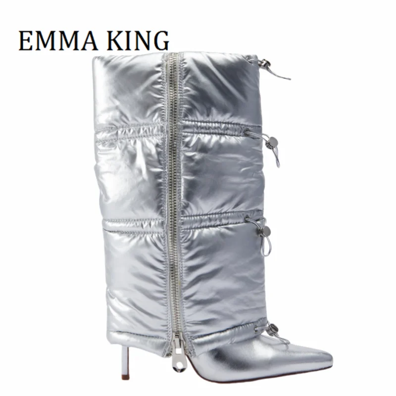 Damen Silber Puffer Bootie Sexy Spitze Zehen Stiletto Absatz Mittelkalb Stiefel Metallic Leder Knöchelreißverschluss Stiefel Mode Winterschuhe