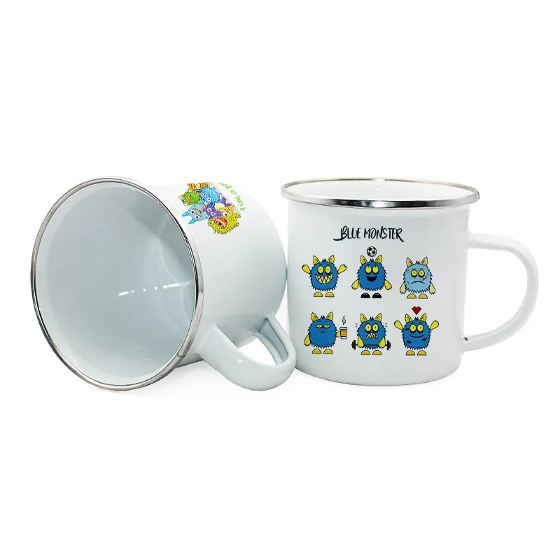 Personalized Sublimation BlankEnamel Mugs with Silver Edge Small White Camping Coffee Tea Cup for Custom Logo Stainless Steel