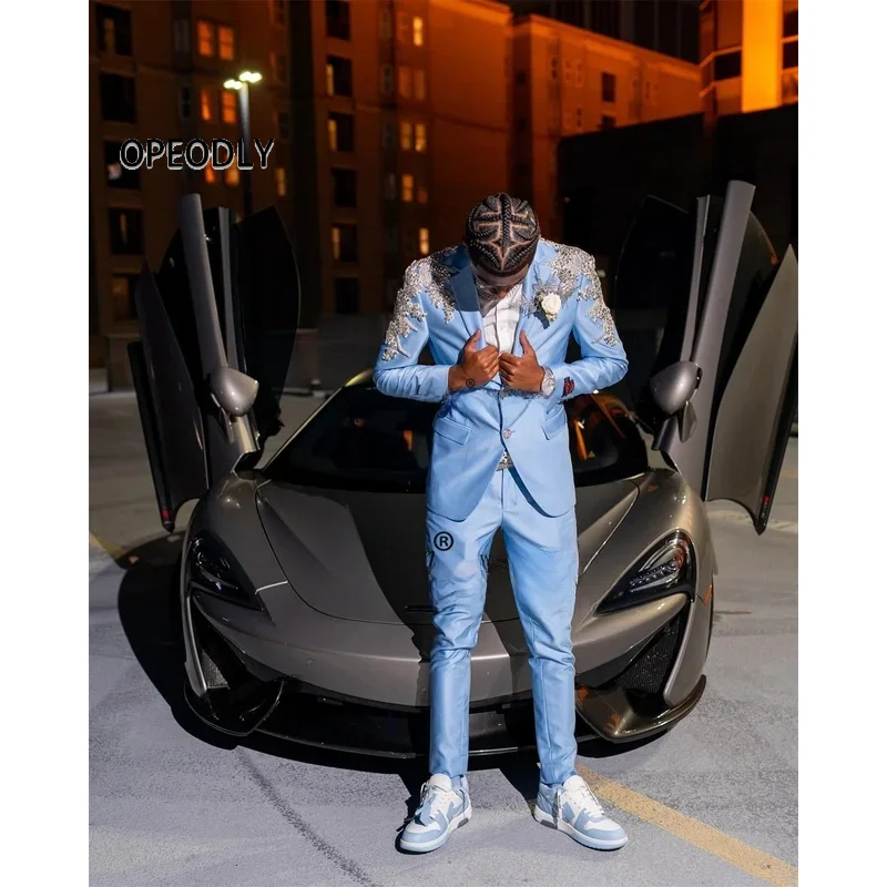 

Luxury Beaded Appliques Men Suits Notched Lapel Wedding Groom Tuxedo Customized Male Prom Blazer 2 Piece Set Party Costume Homme