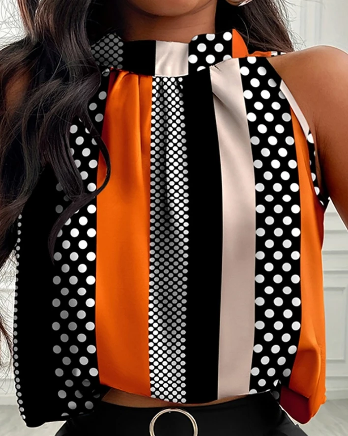 In Stock  Girl 2024 Hot Selling Polka Dot Printed Pleated Design Stand Up Collar Sleeveless Vest and Casual Shorts Set