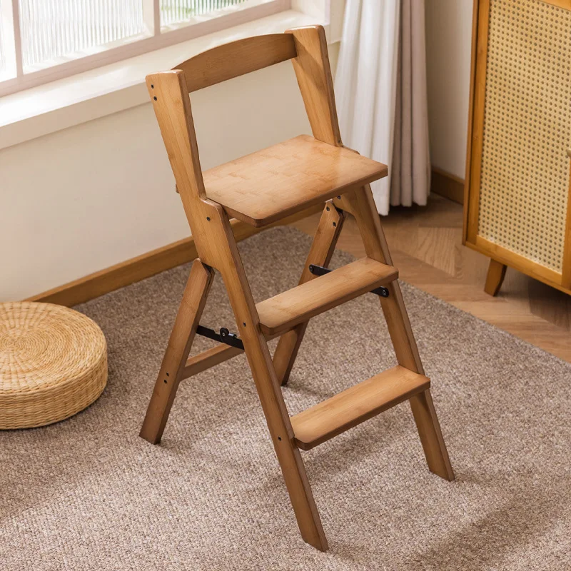 Bamboo folding ladder stool, household kitchen ladder, bar backrest stool, high stool, multi-layer bamboo storage rack