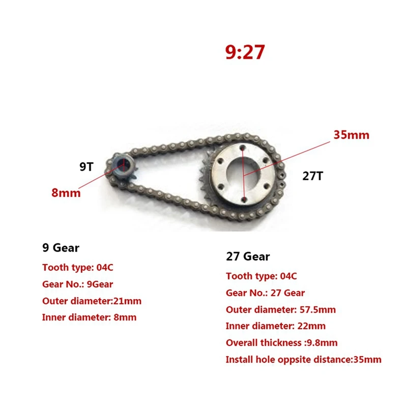 DIY 전기 스케이트보드 기어 휠 키트, 2X, 04C, 2 포인트 체인 휠 기어, 27 기어, 9X27G, 8mm D