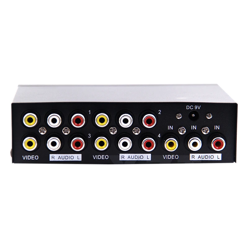 Wysokiej jakości 4-portowy rozdzielacz Audio 1x4 AV 3 RCA z metalowa obudowa 1 na 4 wyjścia dla DVD HDTV z zasilaczem wtyczka US/EU — zdjęcie produktu 4