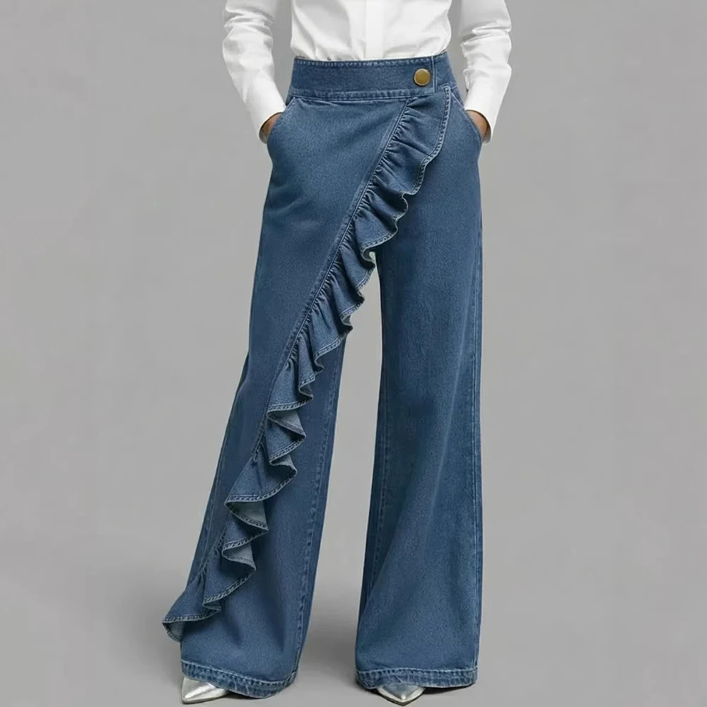 Women Denim Ruffle Wide Leg Jeans High Waist Asymmetrical Ruffle Trim Denim Pants With Pockets Female Vintage High Street Jeans
