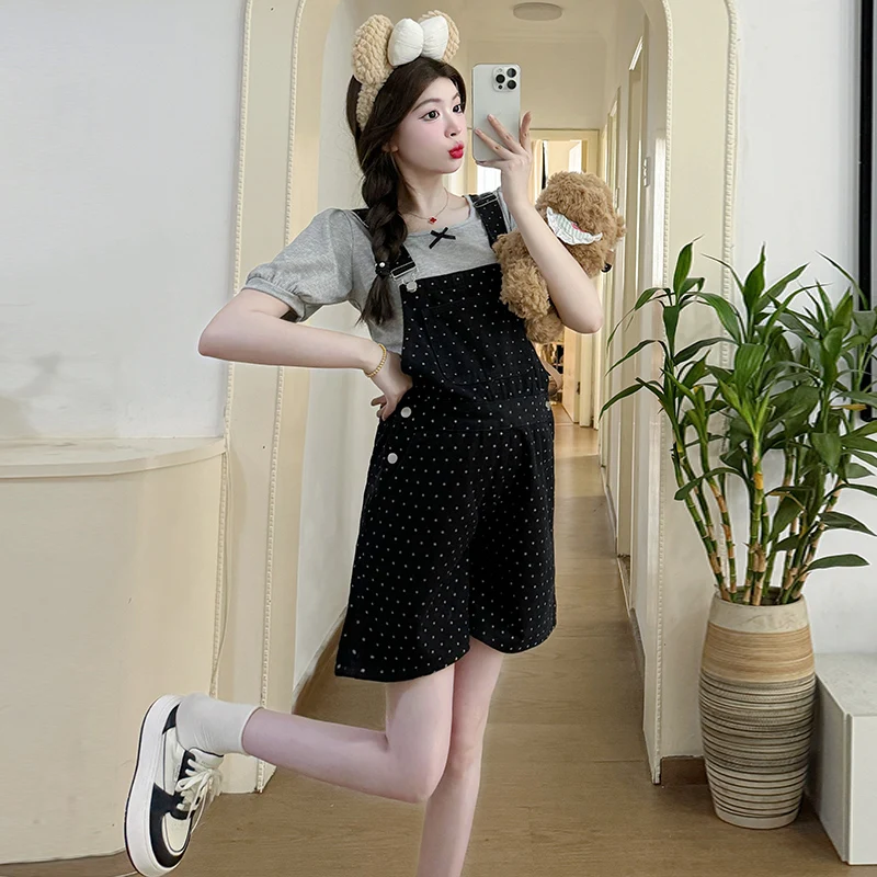 2025 Summer Korean Fashion Vitality Maternity Chic Playful Polka Dot Black Overalls Shorts for Pregnant Women Youth Pregnancy