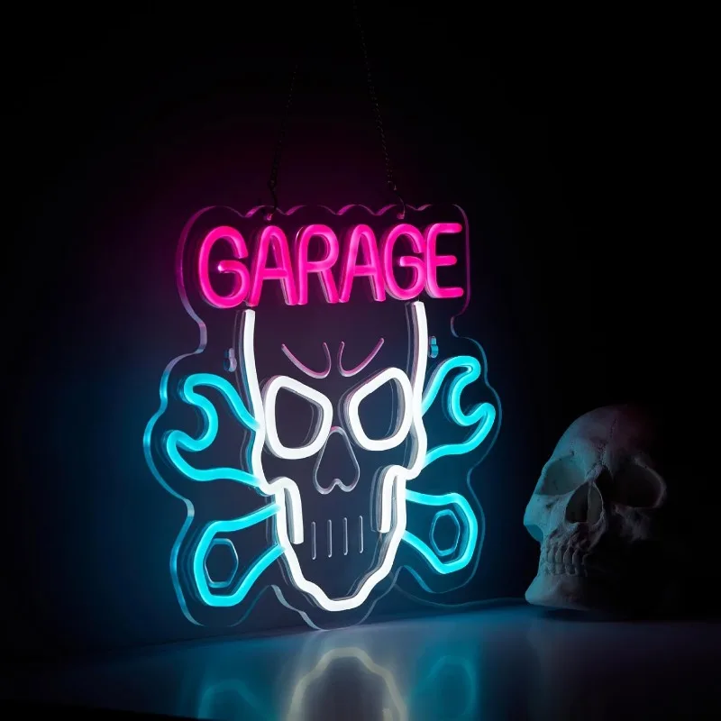 XM Skull Garage Car Service Car Неоновый свет Украшение с регулируемым переключателем Man Cave Светодиодная неоновая вывеска (розовый + синий + белый) 생일파티