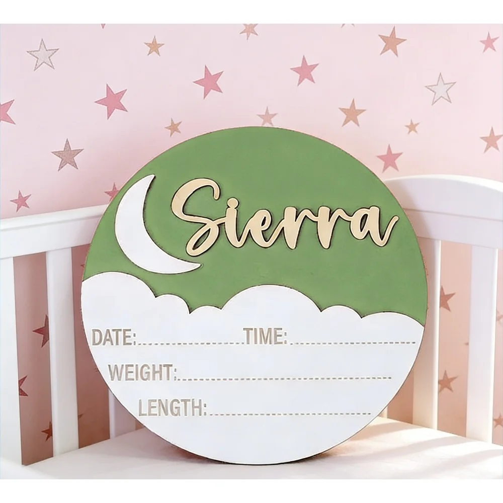 Custom Moon Cloud Round Baby Birth Announcement Wooden Name Plaque,Photo Prop, Nursery Wall Decor, Baby Shower Keepsake Gift