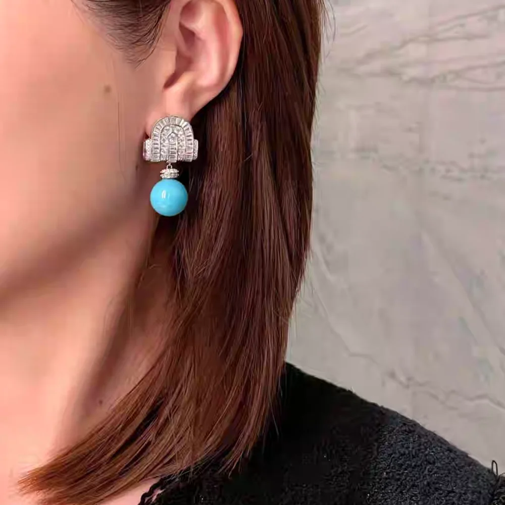 KQDANCE Luxury Designer 925 Silver High Carbon Diamond Synthetic Blue Turquoise Gemstone Drop Earrings Women's Fine Jewelry