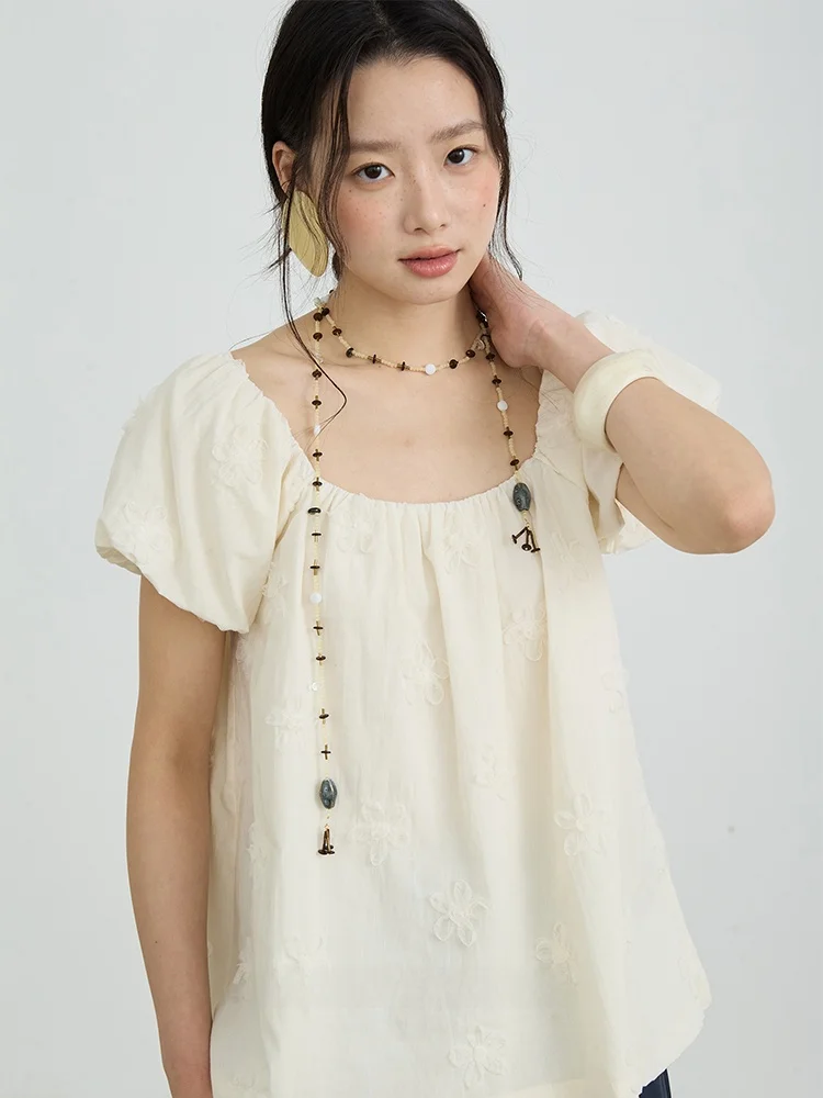 

about Passion Women's ort Sve Embroidered Floral Print Top Korean Sle Cotton Bubble Sve Straight Cut Summer irt