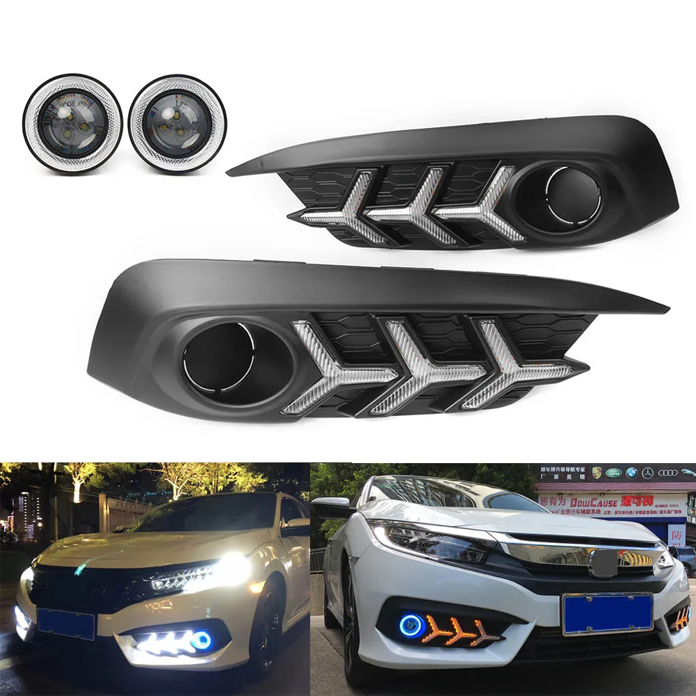 Car LED DRL Fog Light Projector+Angel Eye Kit For Honda Civic Sedan 2016 2017 2018