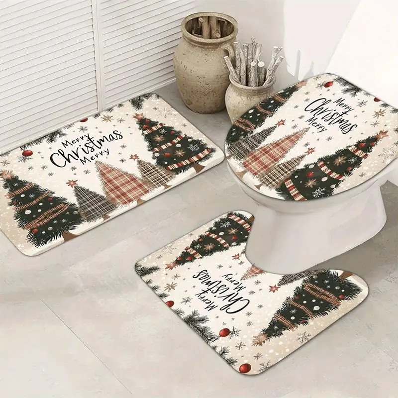VIKAMA Farmhouse Buffalo Plaid Christmas Tree Merry Christmas Bathroom Rug Set Toilet Lid Cover U Shape Bath Mat Decor