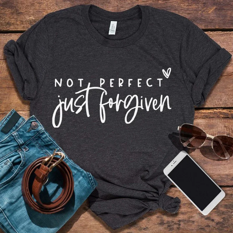 

Not Perfect Just Forgiven Christian Tees Christian T-Shirts Religious Shirts for Women Jesus Clothing Inspirational Tee L