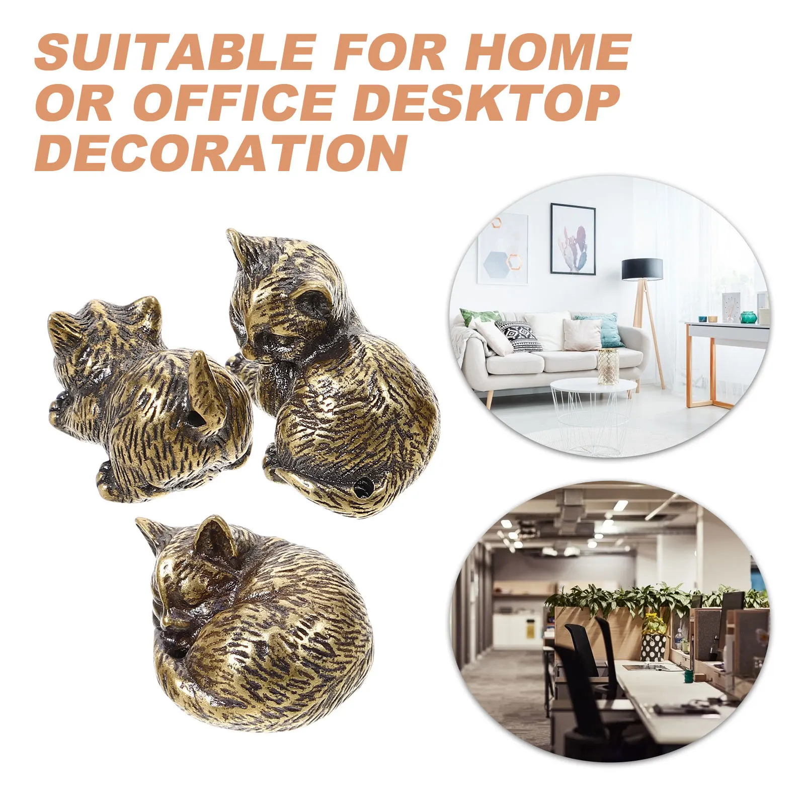 

3pcs Mini Decor Office Style Brass Figurines Statue Brass Cat Decorative Cat Figurine Decor Animal