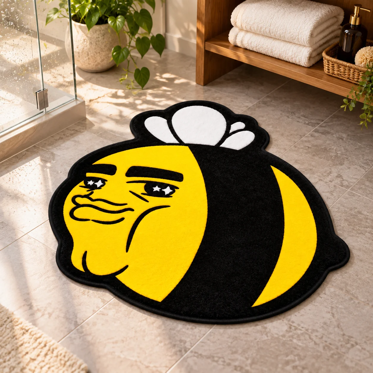 Funny Bee Shaped Area Rug Soft Short Plush Meme Face Bumblebee Novelty Floor Mat for Bedroom Living Room Entryway Home Decor