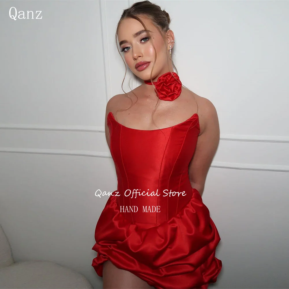 

Qanz Sexy Red Mini Prom Dresses Satin Ruffles Above Kneen Birthday Party Gown Lace Up Back Vestidos Fiesta De Lujo Customized