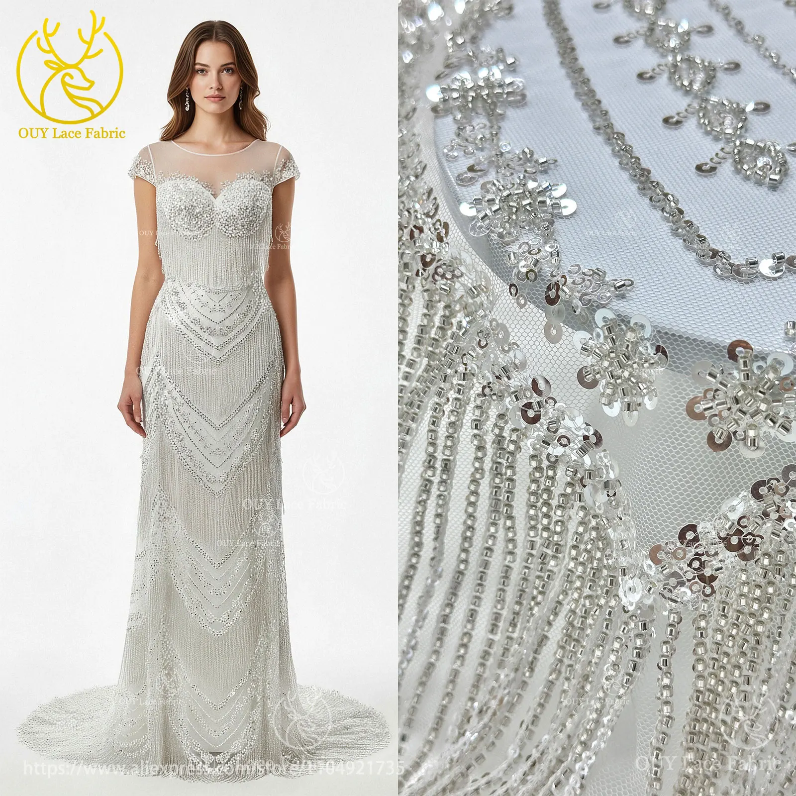 

Silver 3D Sequined Beaded Pendant French Lace Fabric 2026 High-Quality African Mesh Lace Fabric Bridal Wedding Gown Dress