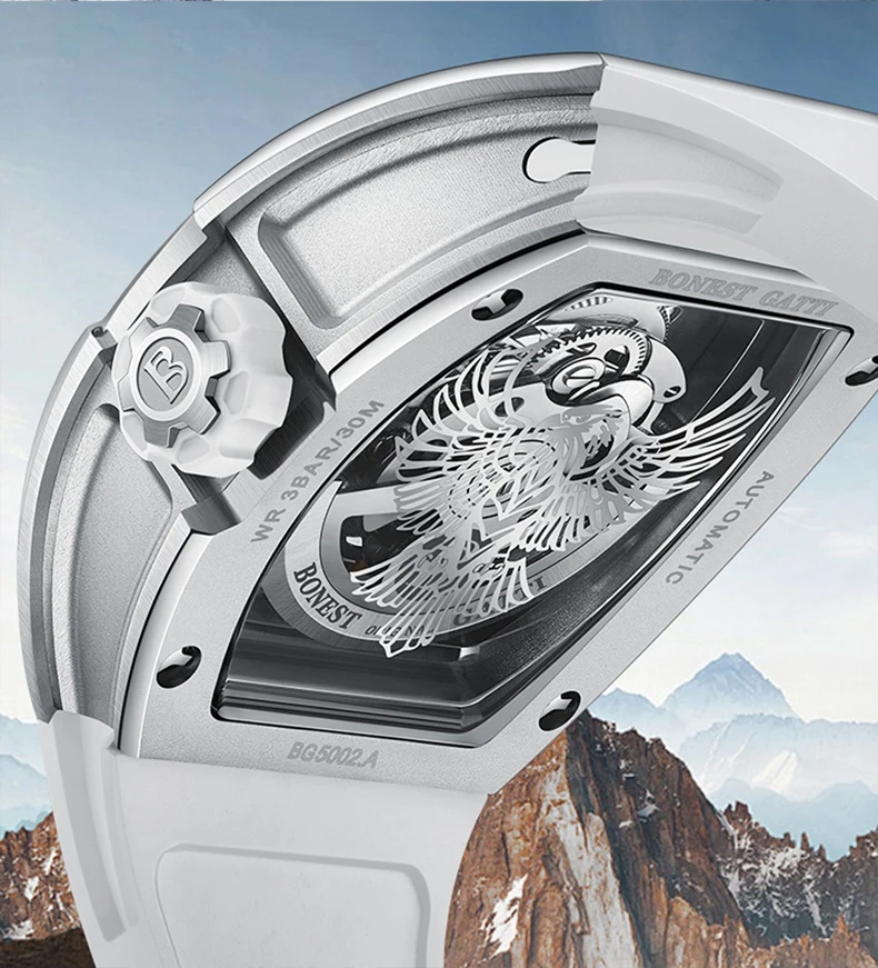 BONEST GATTI Мужские автоматические часы 43*50 мм Механические наручные часы Tonneau с сапфировым стеклом Светящийся скелет Орел Циферблат Фторкаучуковый ремешок