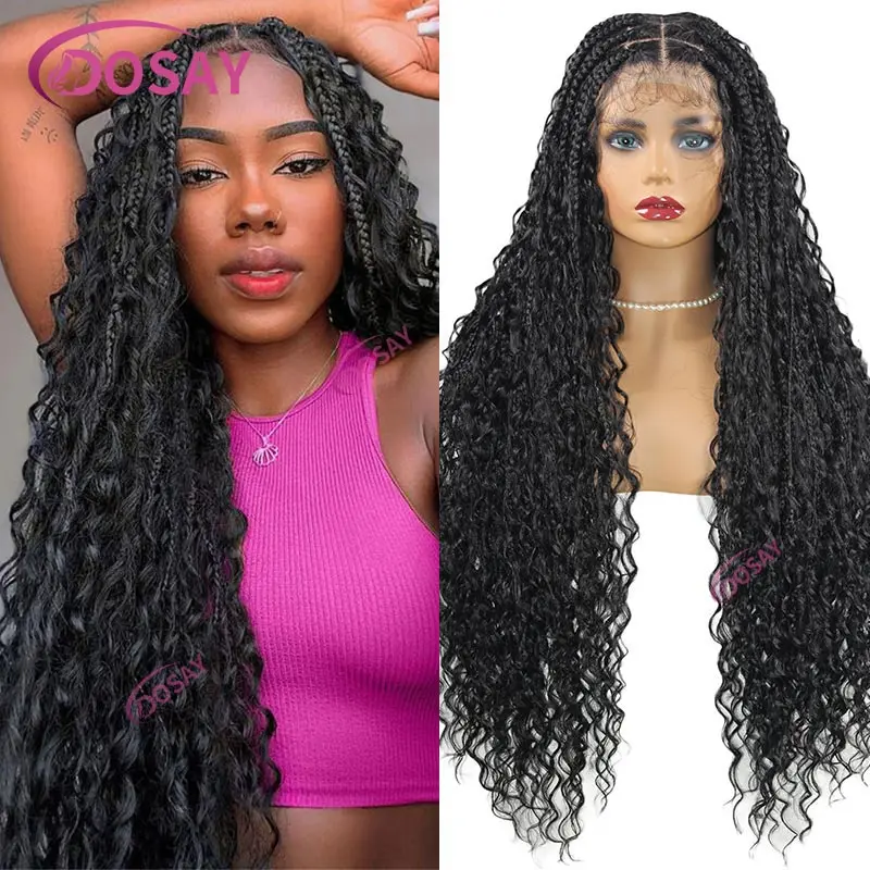 32inch Synthetic Bohemian Braided Wigs for Black Women Full Lace Frontal Braiding Wigs Goddess Knotless Box Boho Braids Lace Wig