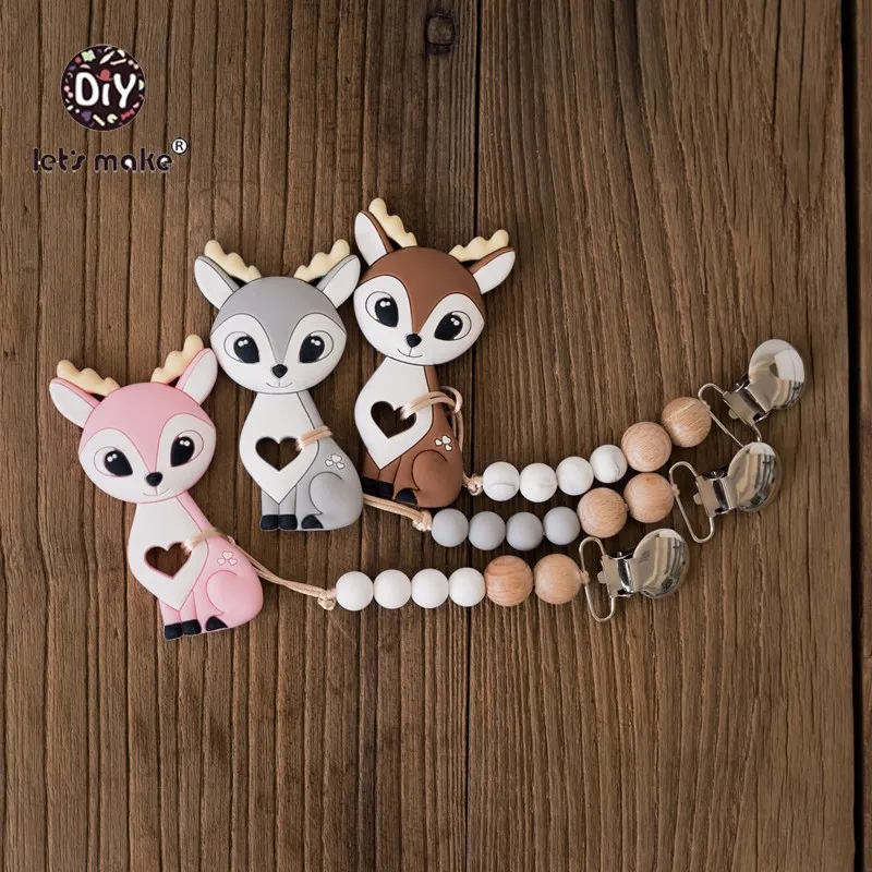 Let\'s Make Silicone Beads Set Wooden Rodent Food Grade BPA Free Fox Rabbit DIY Accessories Set Pacifier Chain Clips Nylon Rope