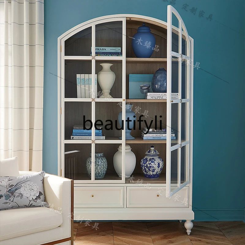 

French Retro Solid Wood Bookshelf Living Room Arched Display Cabinet Light Luxury Glass Door Storage Cabinet