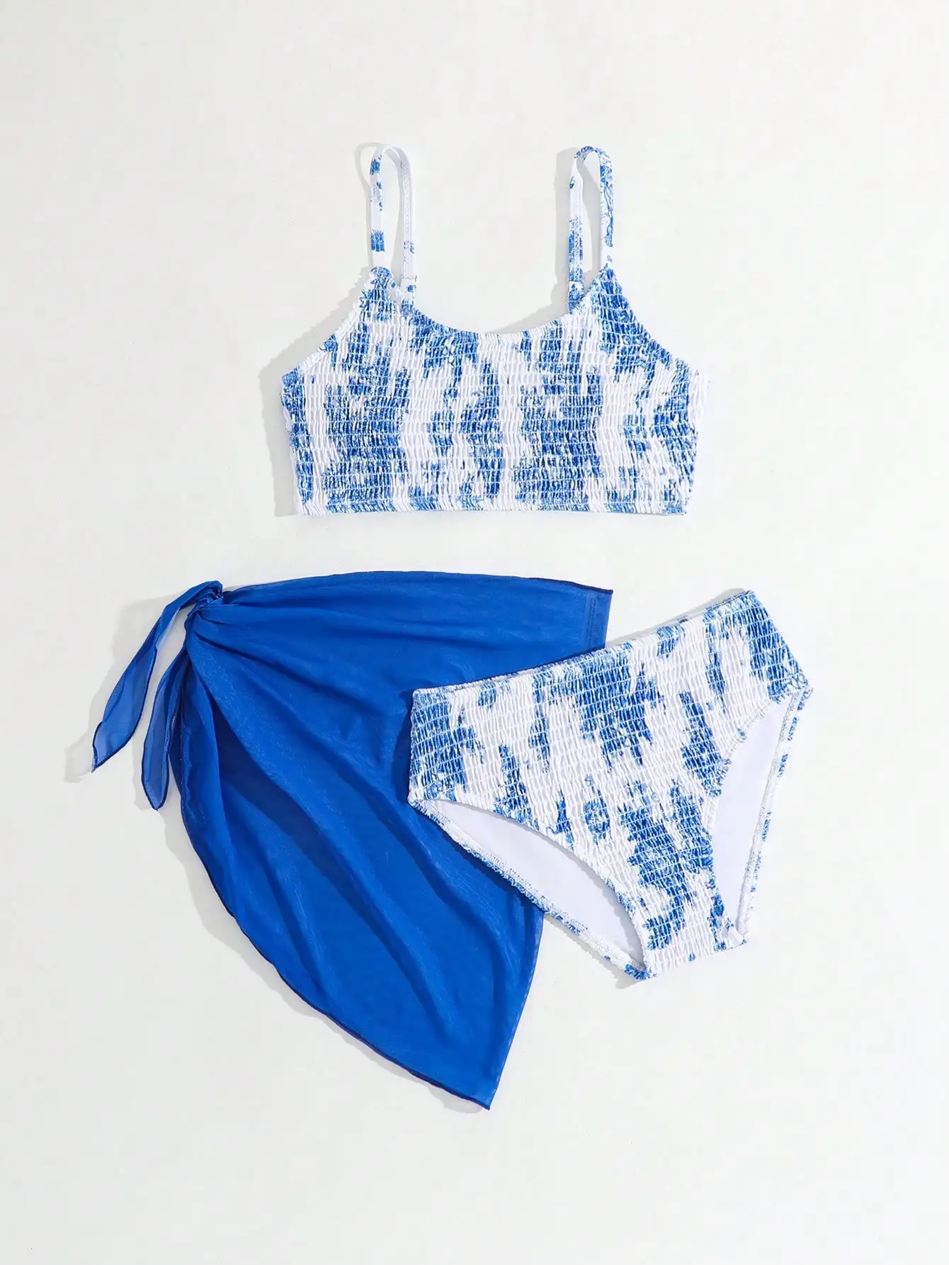 

Women Tie Dye Print Smocked Bikini Set With Blue Cover Up