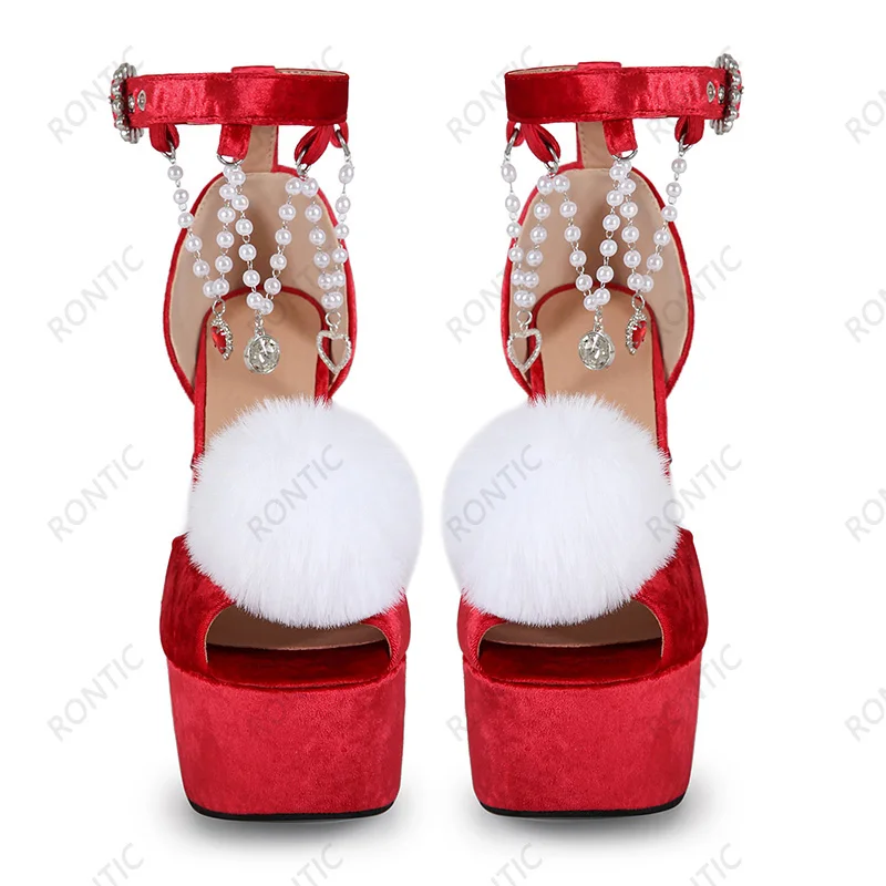 Rontic Women Velvet Platform Block Heel Sandals Peep Toe Pearl Heart Chain Ankle Strap Ladies Party Lolita Shoes Size 5-20 view 5